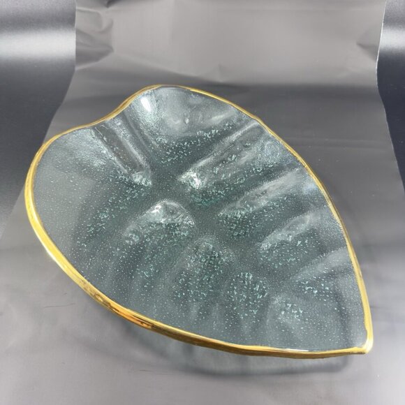 Vintage Clear Recycle Glass Dish Plate Platter Leaf Shaped With Gold Edges Glass - Picture 9 of 14